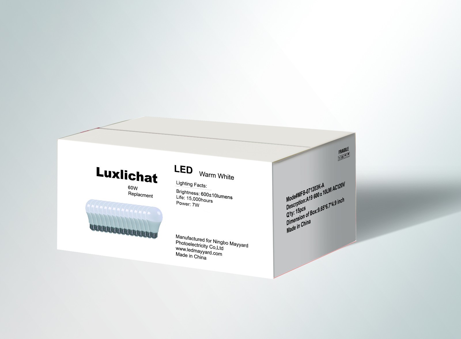 Luxlichat Dimmable 60W Equivalent A19 LED Light Bulb Warm White (3000K) -15 pack gallery