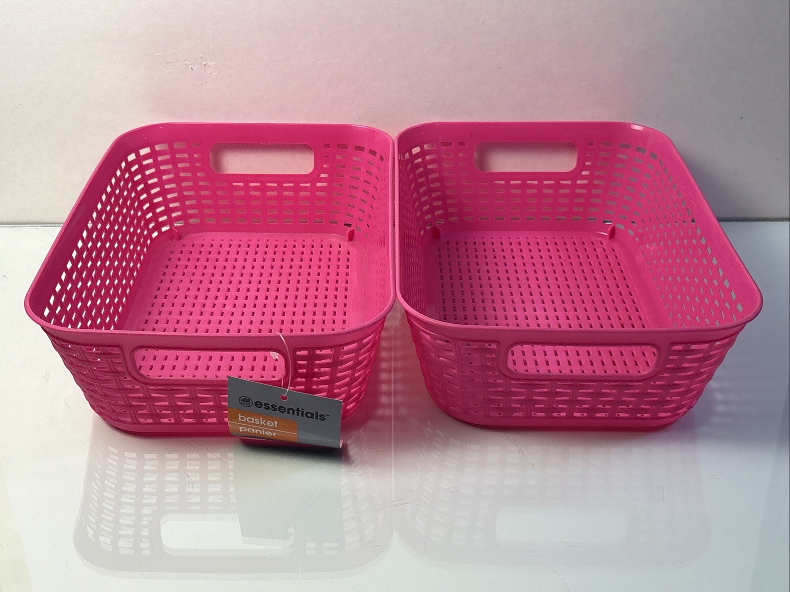 Set of 2 Essentials Pink Plastic Storage Baskets Cut‑Out Handles gallery