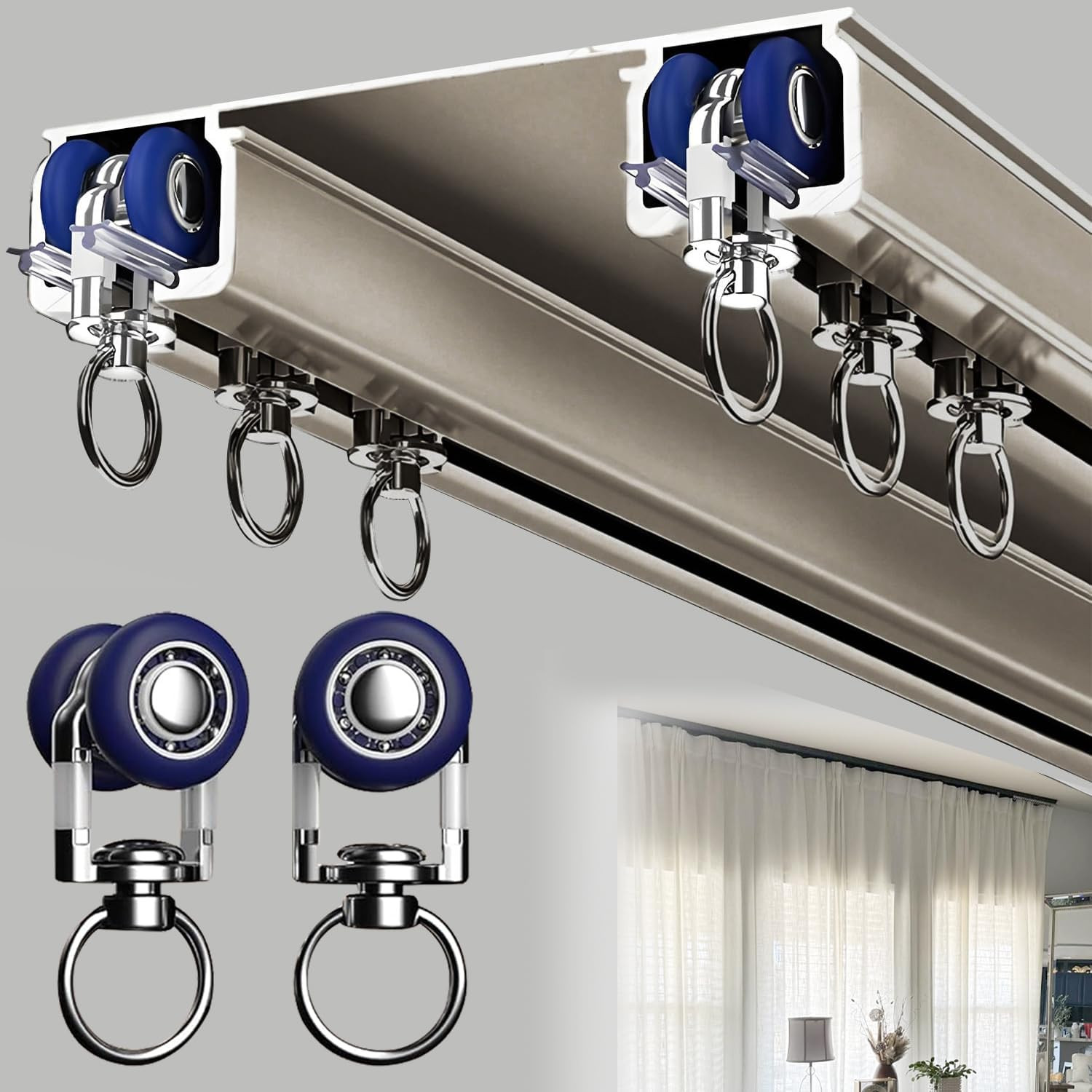 Heavy Duty Double Curtain Track System - 2.5M Silent Aluminum Rails gallery