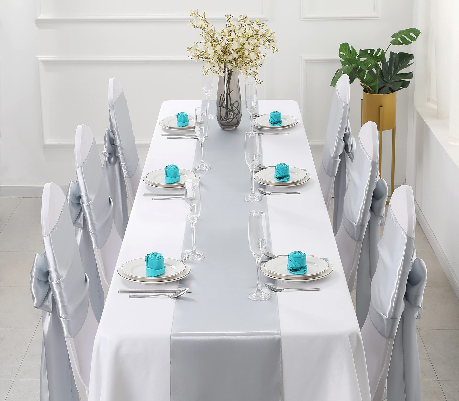 2 Pack 12x108 Inch Silver Satin Table Runner Smooth Fabric for Wedding Banquet gallery