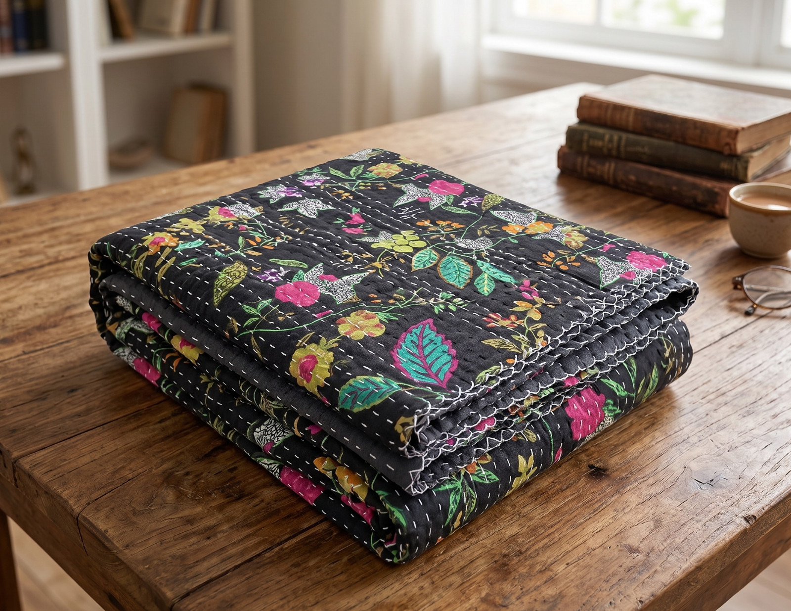 Indian Handmade Black Paradise Printed Cotton kantha Quilt Blanket Throw gallery