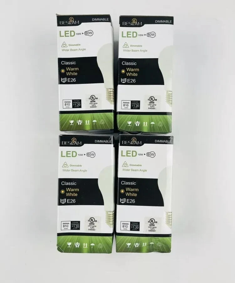 LED Dimmable Light Bulb 10W Equivalent E26-A19-810LM-10W 2700K 4 Pack New A40