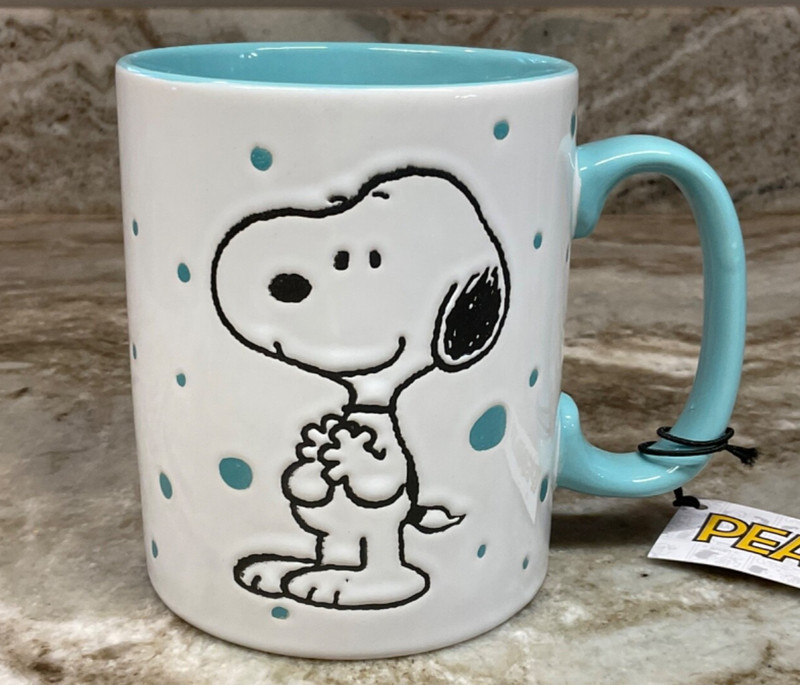 Large Coffee Mug Peanuts SNOOPY With Dots Light Blue Freckled Joy. 15 oz. New. gallery