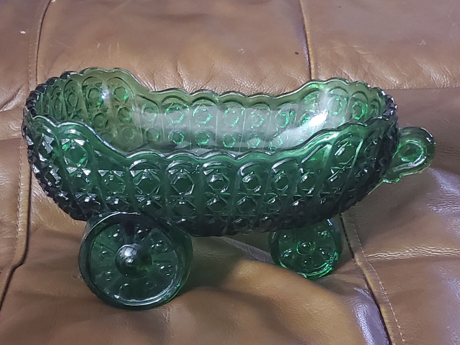 Large Deep Green Glass Daisy & Buttons Baby Carriage Candy Dish 9" X 5-1/2" X... gallery