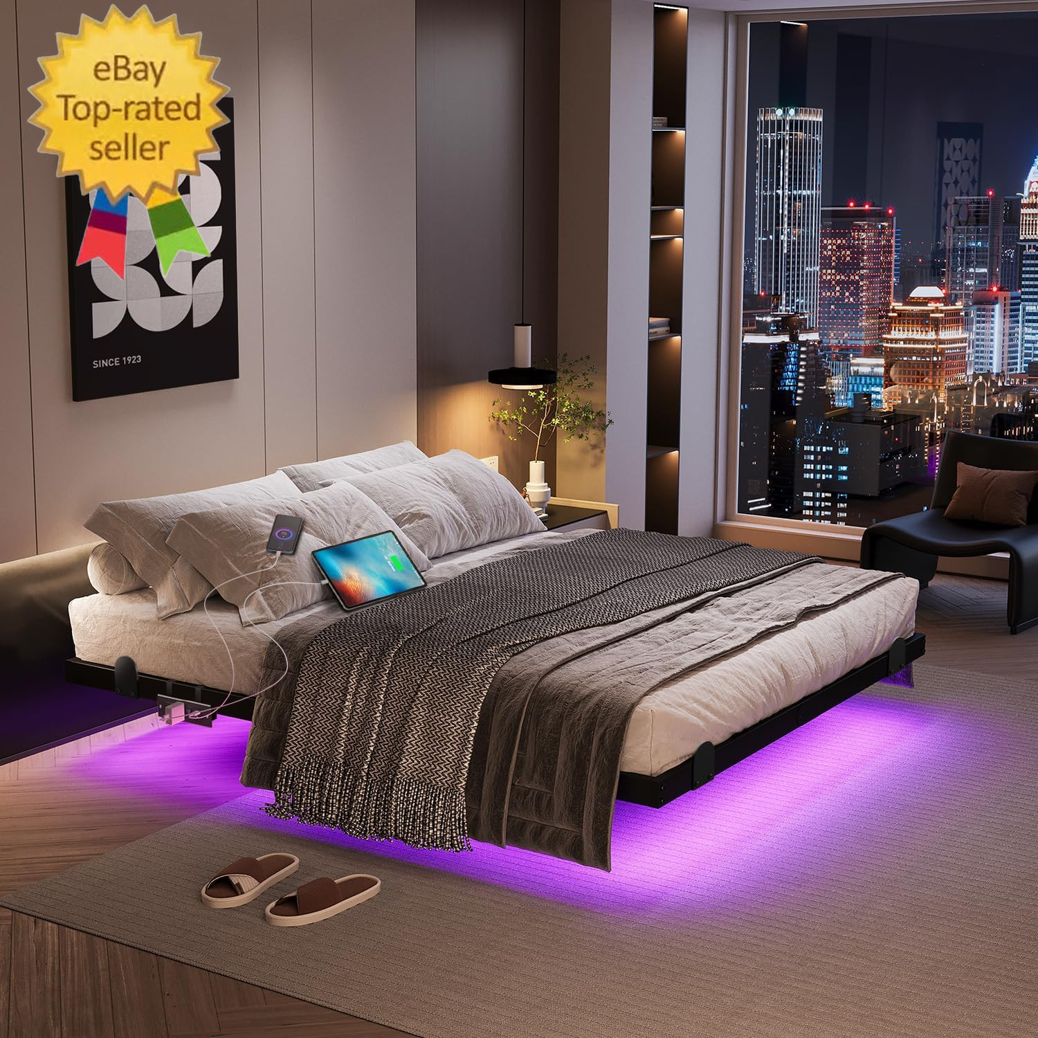 Floating Bed Frame with LED Lights and Charging Station, 14 Inch King Size Float gallery