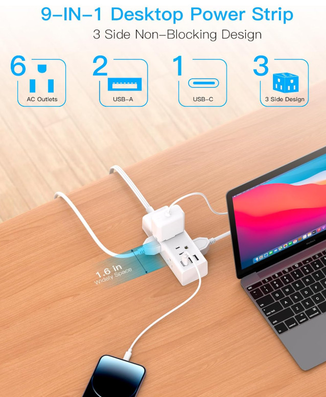 10Ft Extension Cord with Multiple Outlets, Flat Plug Power Strip Surge Protector gallery