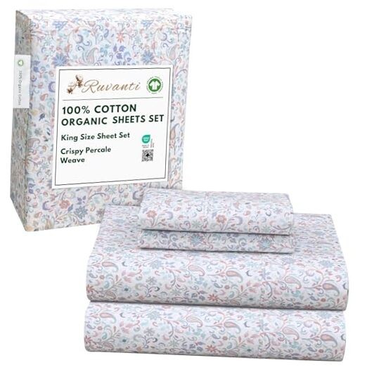 100% Cotton Organic Percale Sheets Size – Crisp Cooling Bed King Multi Paisley gallery