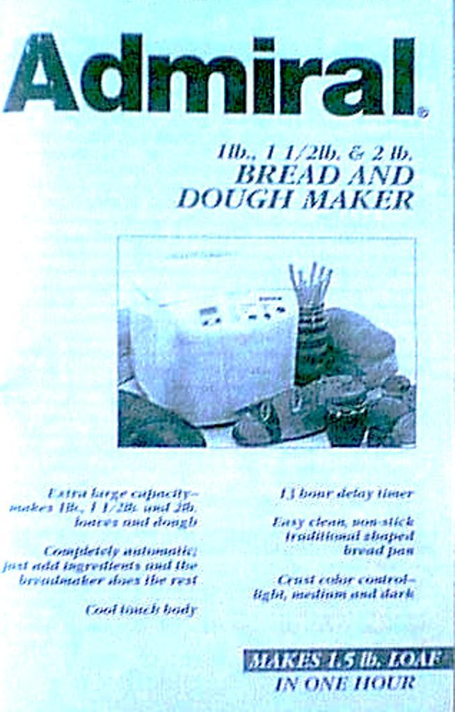 Admiral Bread Machine Manual 44510, 4451006, 4451303, 4452007, ABM270, VBM300A gallery