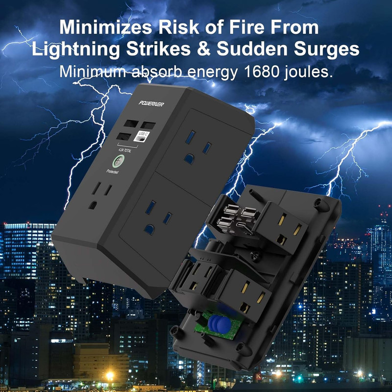 Multi Plug Surge Protector with 5 Outlets & 4 USB Ports (USB‑C) – 1680J, ETL Cer gallery