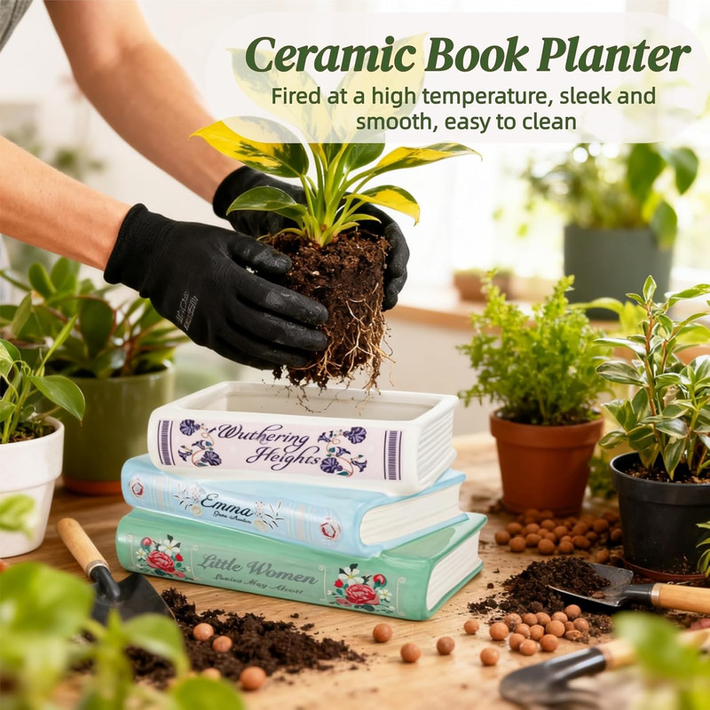 Book Planter Pot, Ceramic Book Shaped Decorative Planter with Drainage Hole, Sma gallery