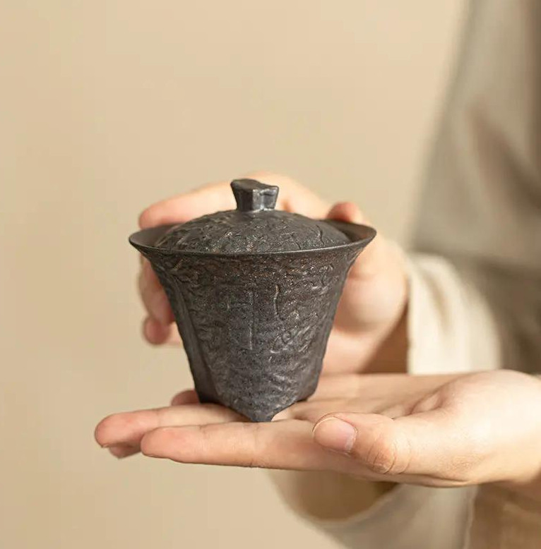 80ml Handmade Coarse Pottery Gaiwan Ancient Bronze Glaze Household Tea Set gallery