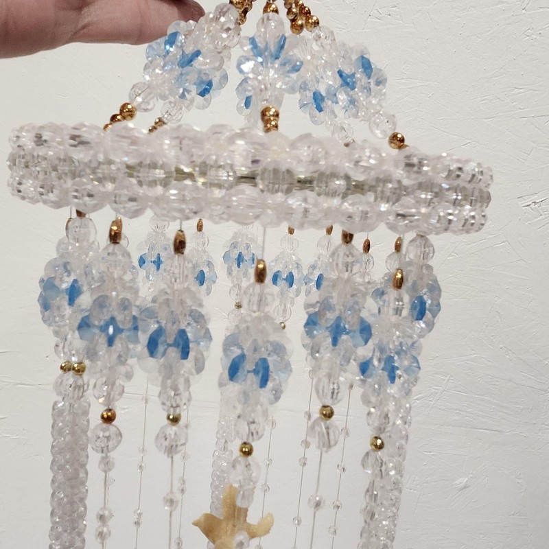 Beaded Bird Cage Hanging Mobile Clear Blue Plastic Beads18in Bohemian Decor gallery