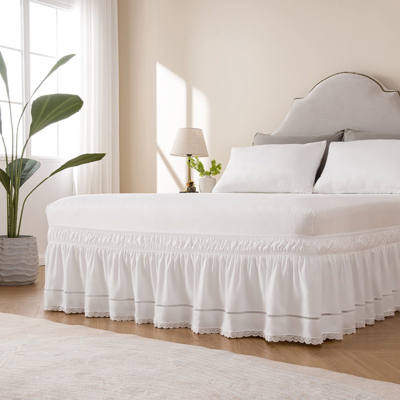 Wrap Around Ruffled Lace Bed Skirt Elastic Dust Ruffle with Adjustable Belts15 gallery