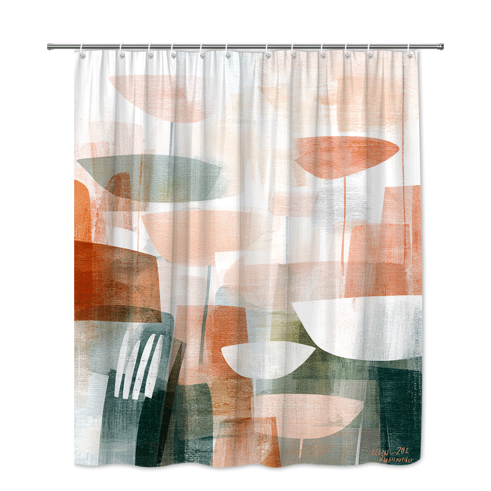 Abstract Geometric Shower Curtain in Peach Green and White gallery