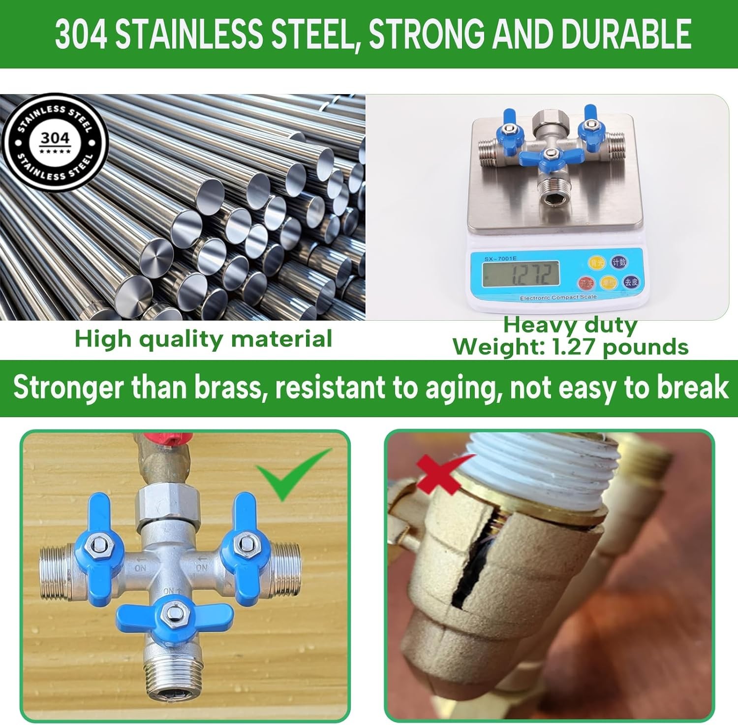 304 Stainless Steel 3 Way Hose Splitter Heavy Duty Full Flow 3/4 Inch gallery