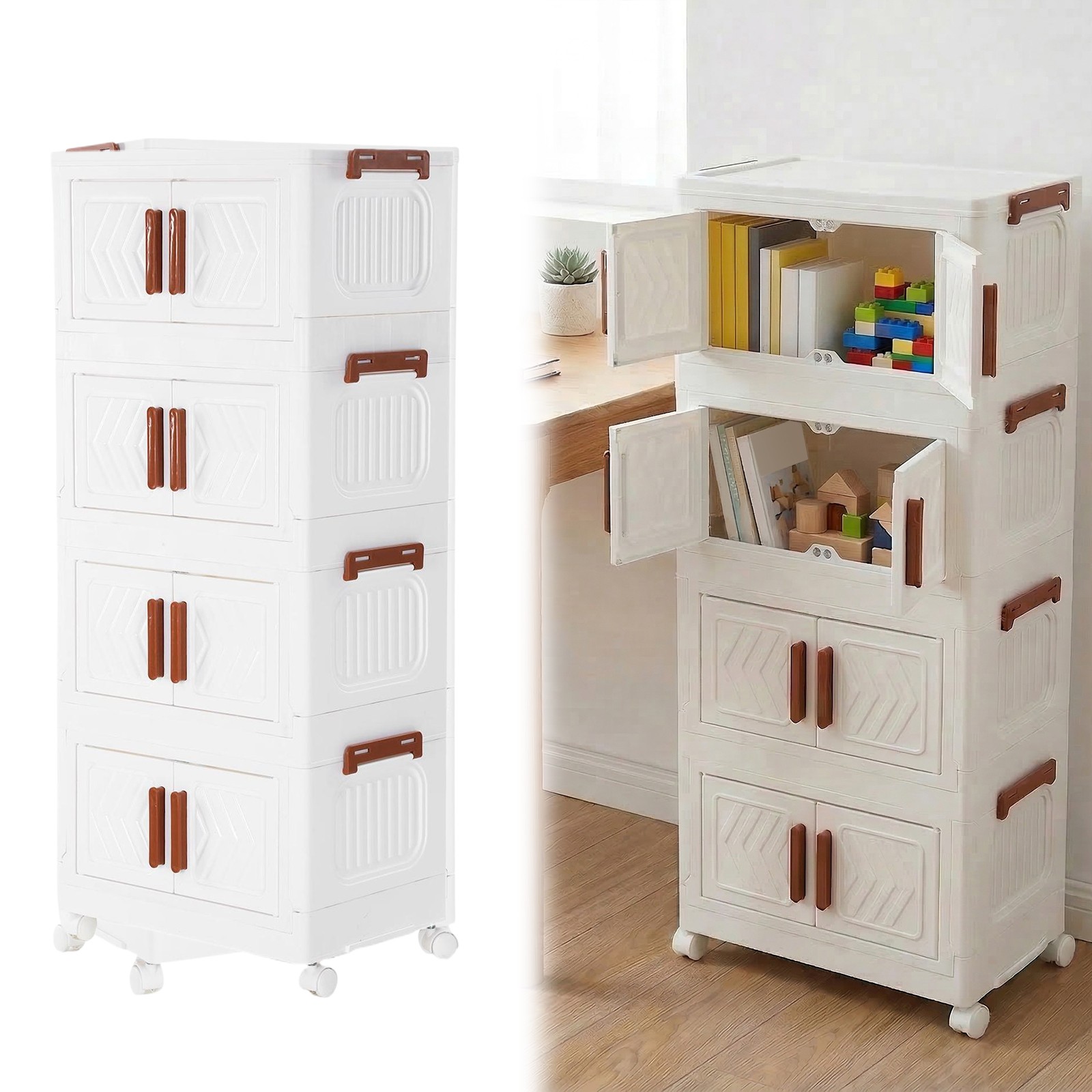 4 Tier Folding Storage Cabinet Stackable Boxes with Magnetic Doors & Wheels US gallery