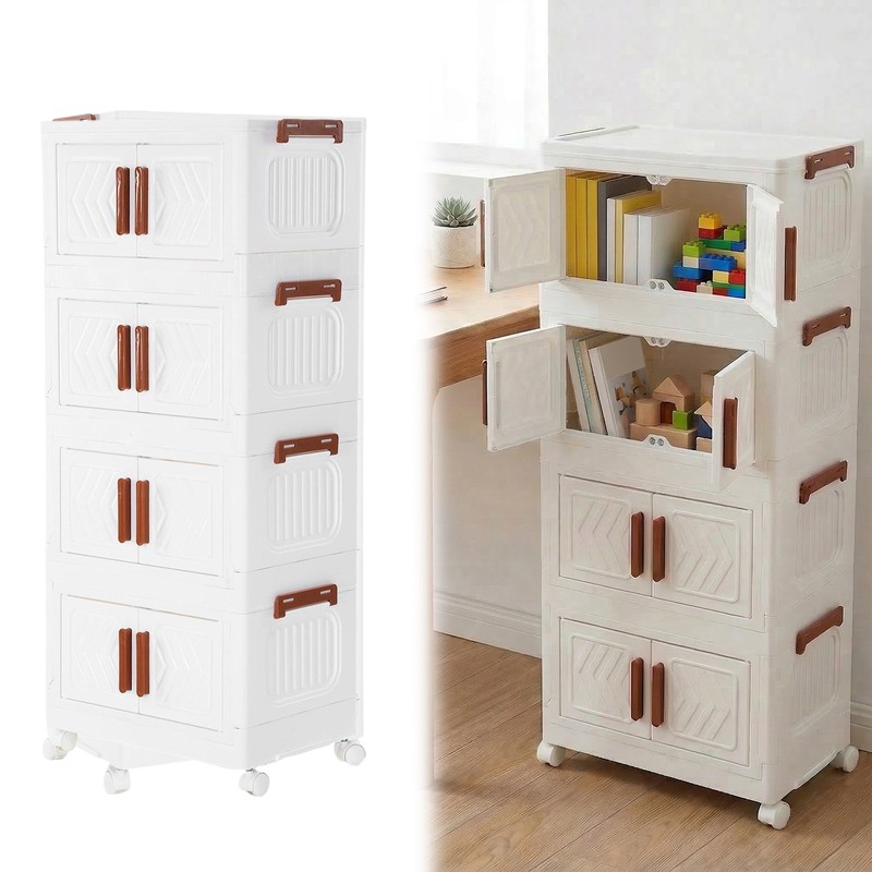4 Tier Stackable Storage Bins with Lids Doors Wheels Storage Drawer (White) gallery