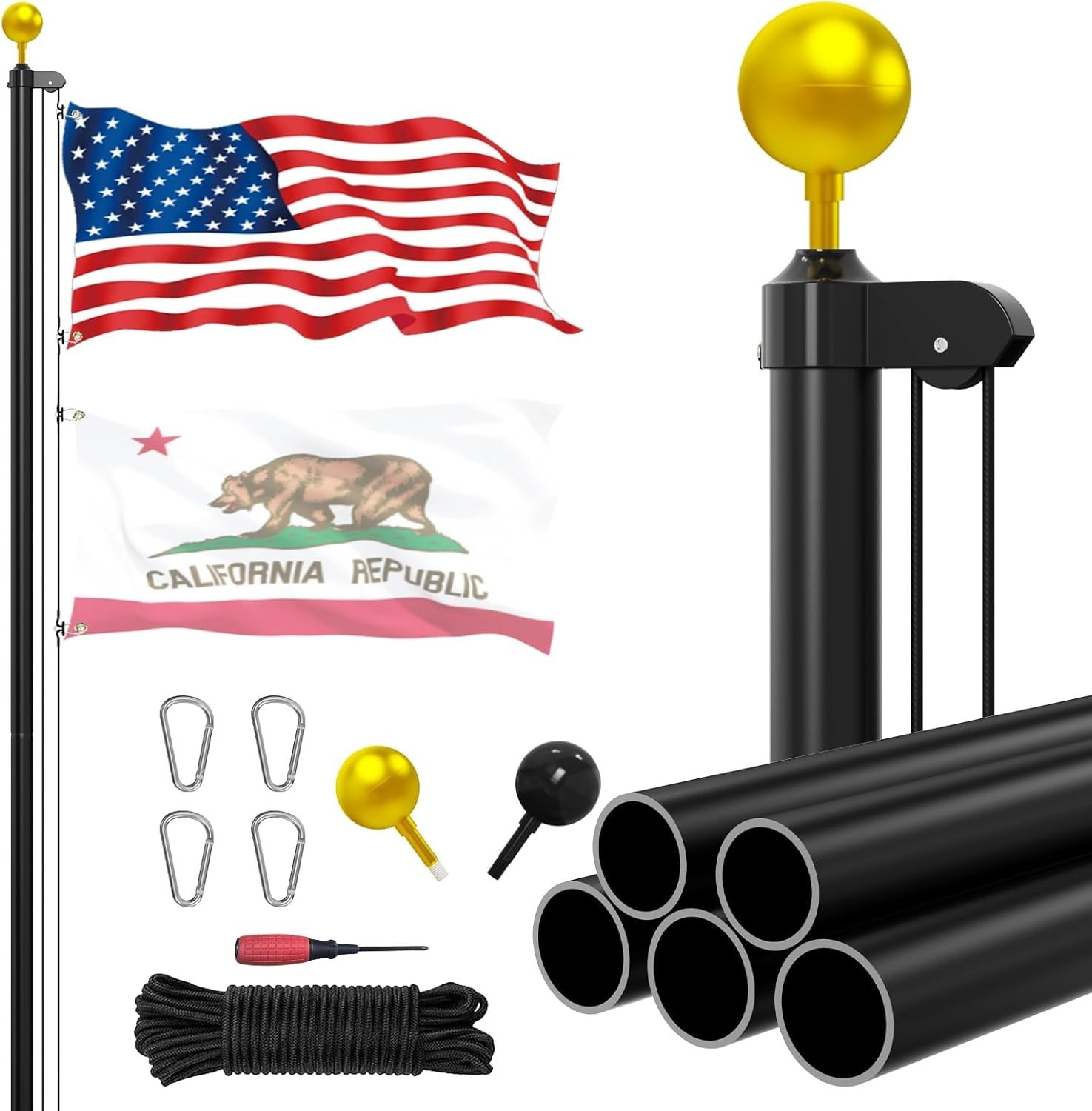 25 FT Heavy Duty Aluminum Flag Pole Kit, 14 Gauge Extra Thick Outdoor Flagpole w gallery