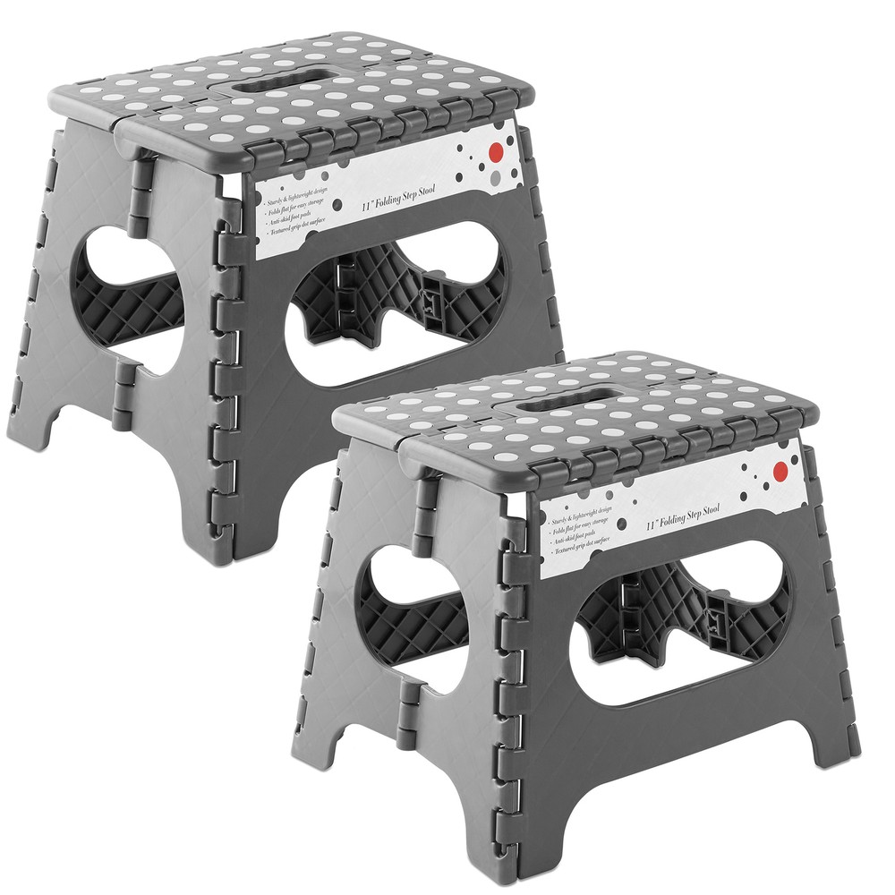 2 Pack - 11" Folding Plastic Step Foot Stools with Handle - Gray