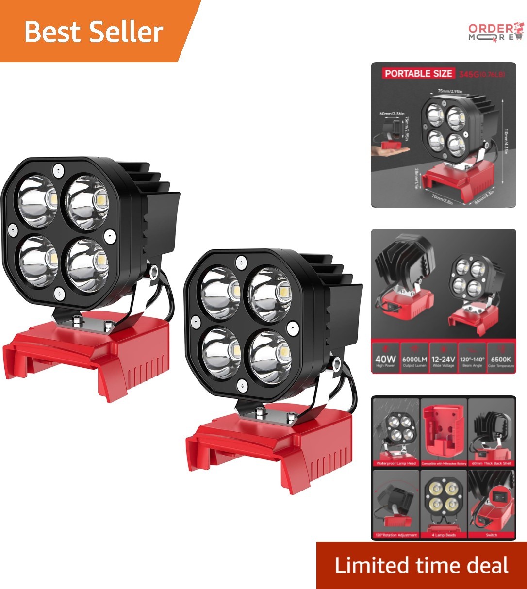 LED Work Light 40W 6000LM Aluminum Portable Cordless 18V Battery Powered gallery