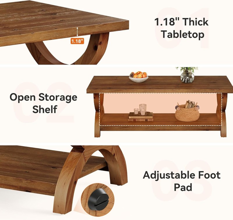 47.2-Inch Rectangle Solid Wood Coffee Table with Storage Shelf for Living Room gallery