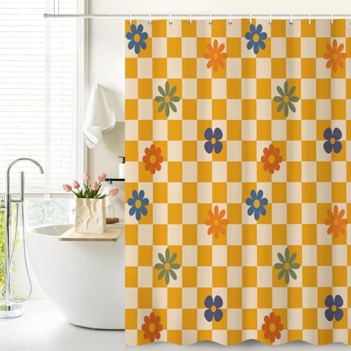 Yellow Checkered Boho Shower Curtain Set 60x72 Inches Colorful 60x72Inches gallery