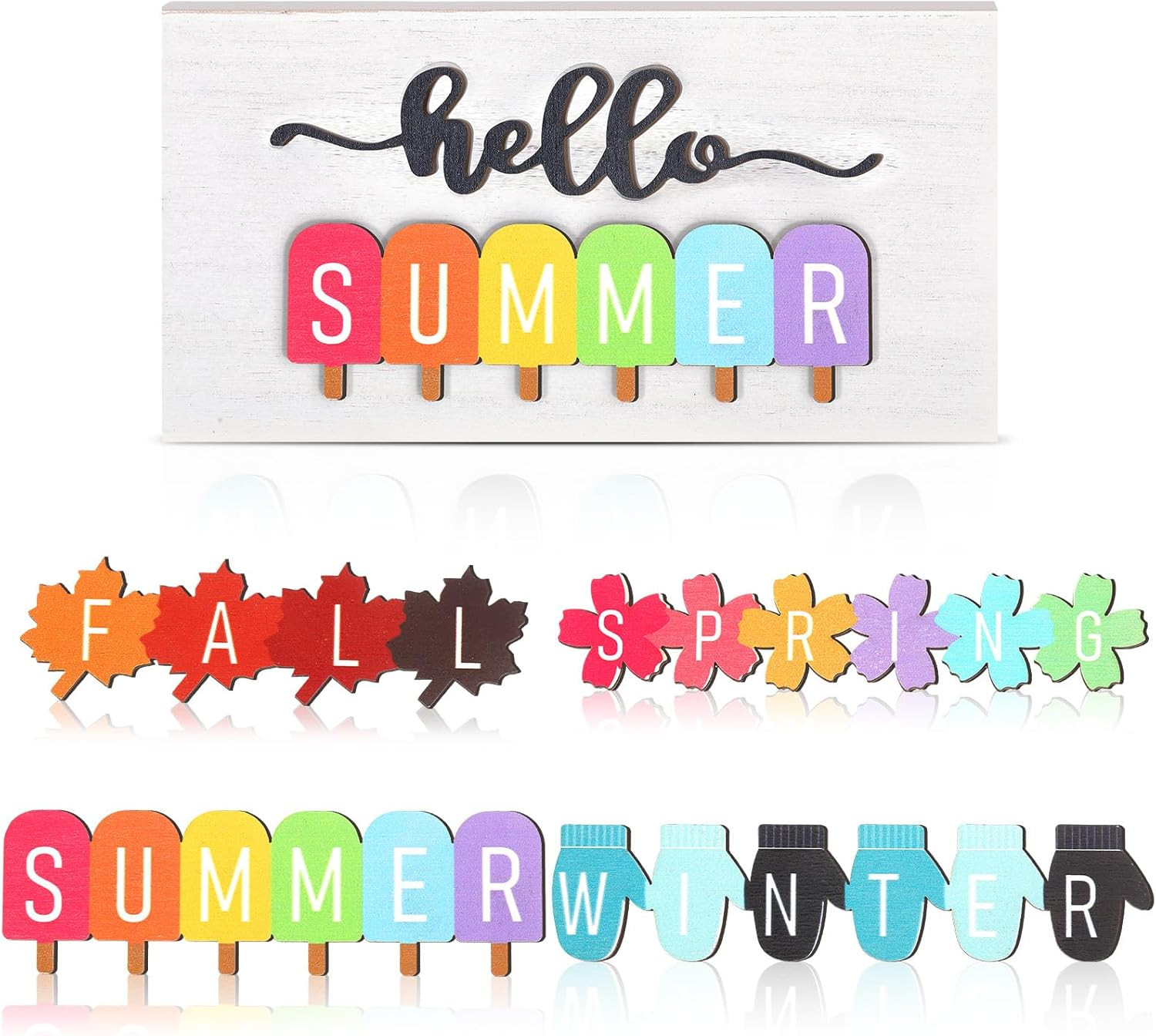 5 Pcs Hello Summer Interchangeable Sign Seasonal Sign Fall Winter Spring Tiered gallery
