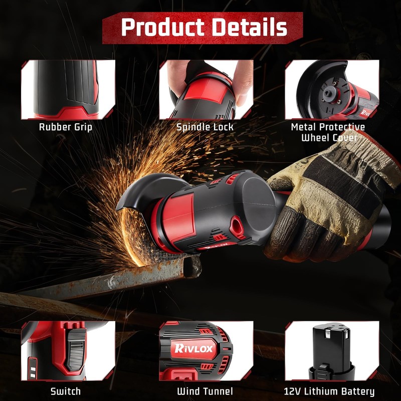 Cordless Angle Grinder Kit, 3-inch Mini Angle Grinder Tool with 2Pcs 12V 1500mAh gallery