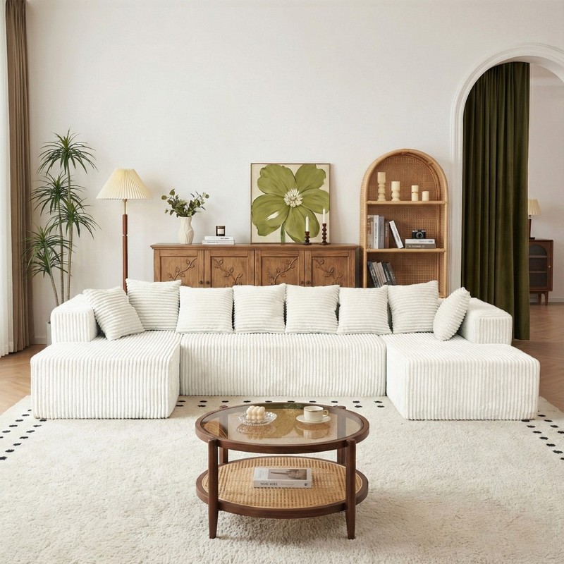 130" Cloud Corduroy U-Shaped Modular Sofa, No Assembly, Beige gallery