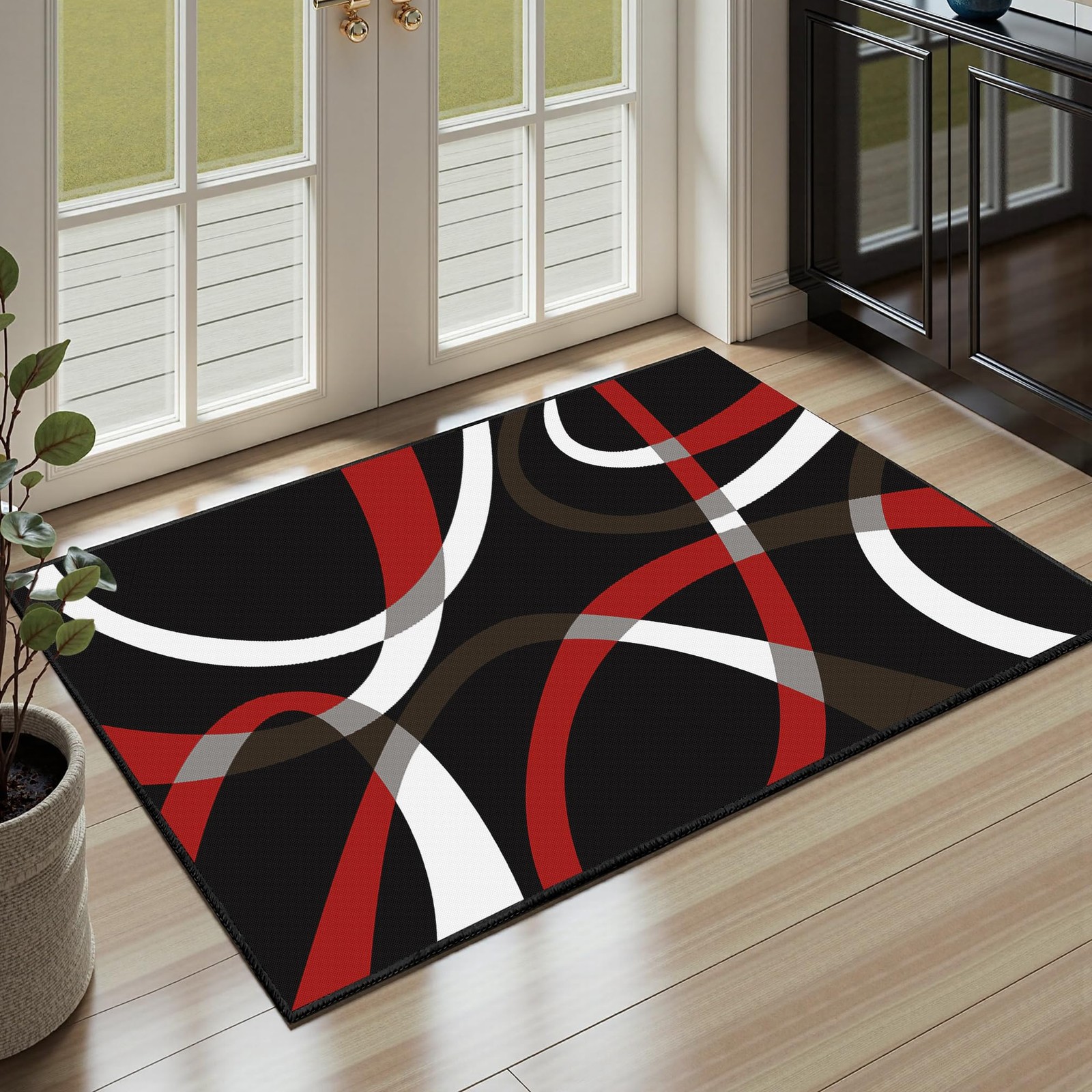 Weesire Classical Modern Black And Red Stripe Pattern Area Rug For Living Room gallery