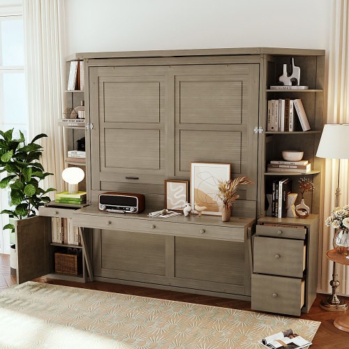 Queen Size Murphy Wall Bed w/ Desk Wall Cabinet Bed Space Saving Wood Hidden Bed gallery