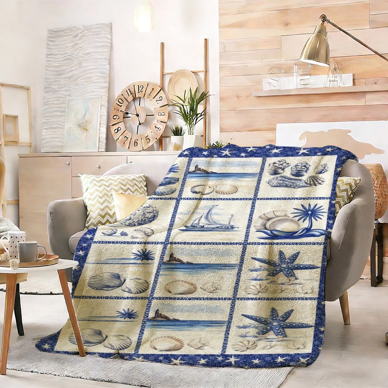 Seashell and Sailboat Flannel Blanket Soft Cozy Tapestry Napping Travel Use gallery