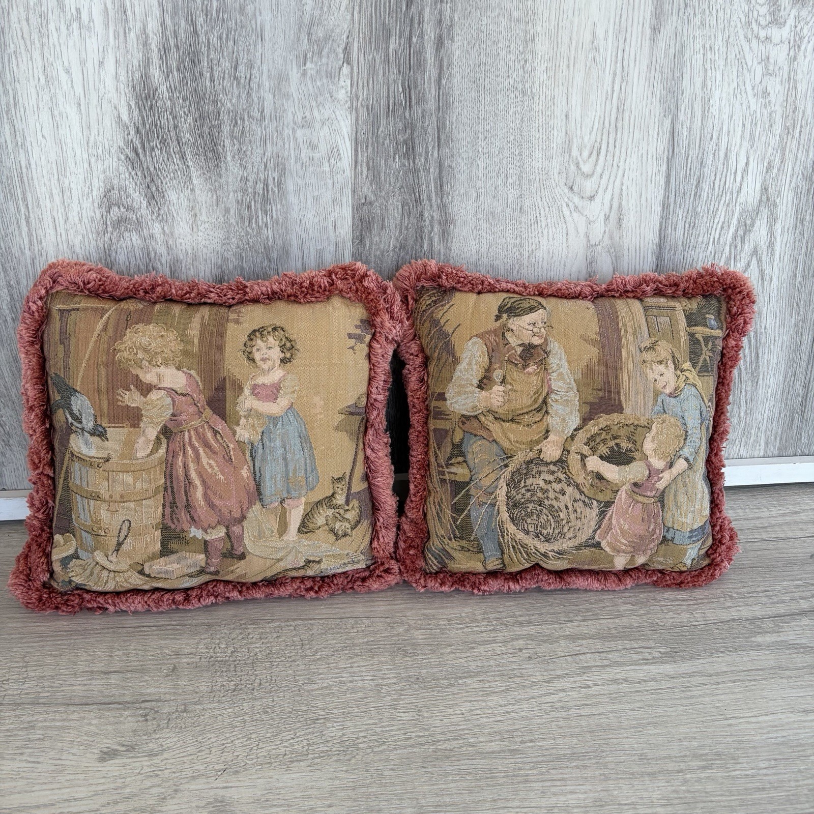 Country Cottage Throw Pillow Tapestry Decorative Fringe Pink Children Farm 8” gallery