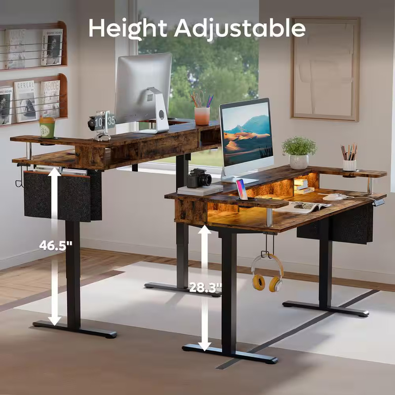 58 In. Rectangular Rustic Brown Wood Sit to Stand Desk with Monitor Stand and Cu gallery