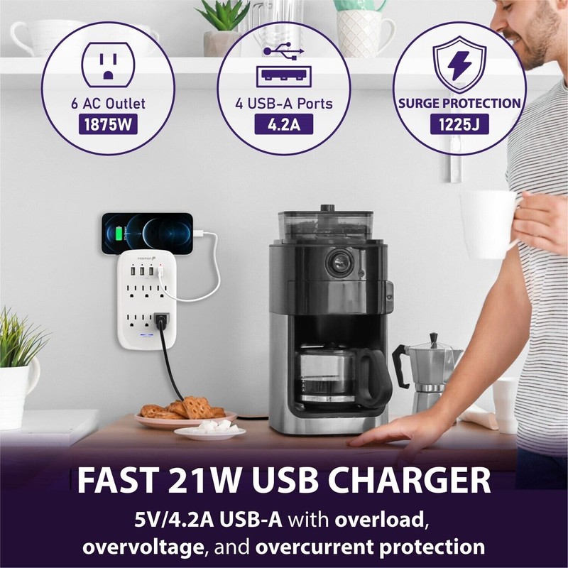 6 Outlet Extender 1225J Surge Protector With 4 USB Charger Port Wall Adapter Tap gallery