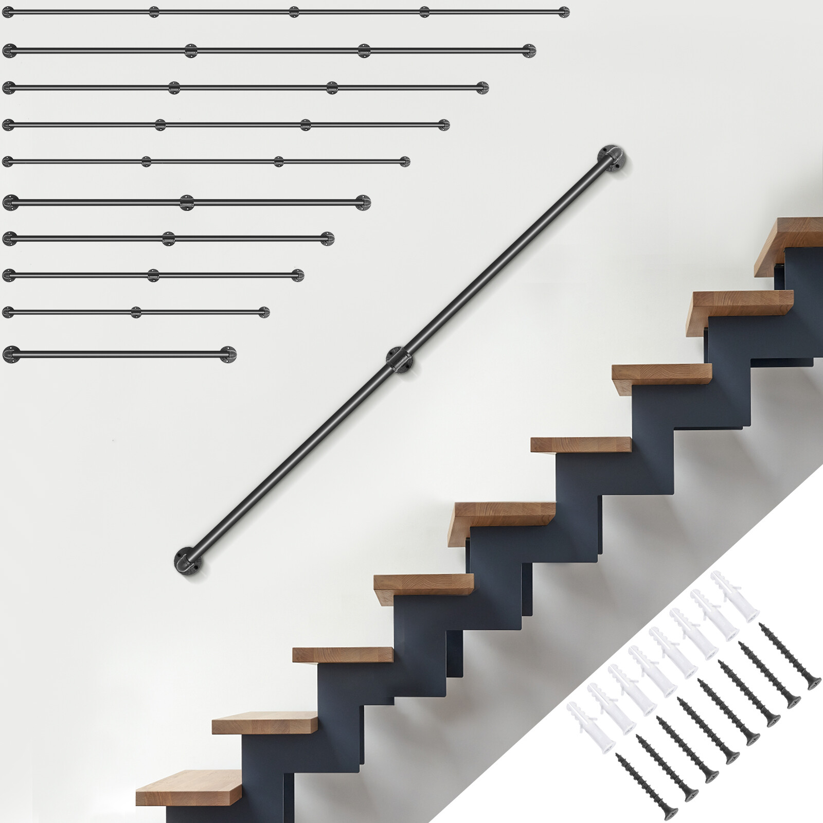 VEVOR Pipe Stair Handrail Staircase Handrail 2-13 FT Carbon Steel for Wall Mount gallery