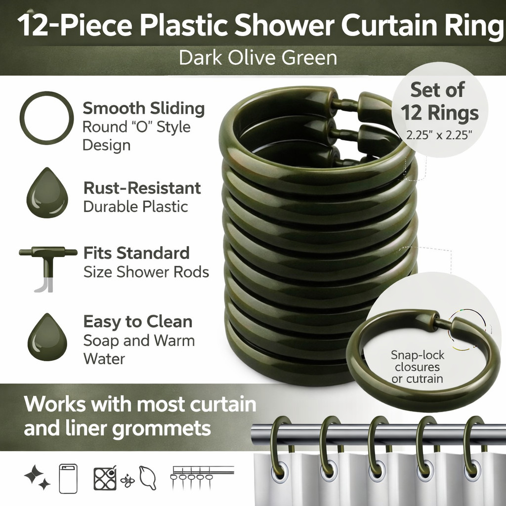 12-Piece Plastic Shower Curtain Rings – Dark Olive Green gallery