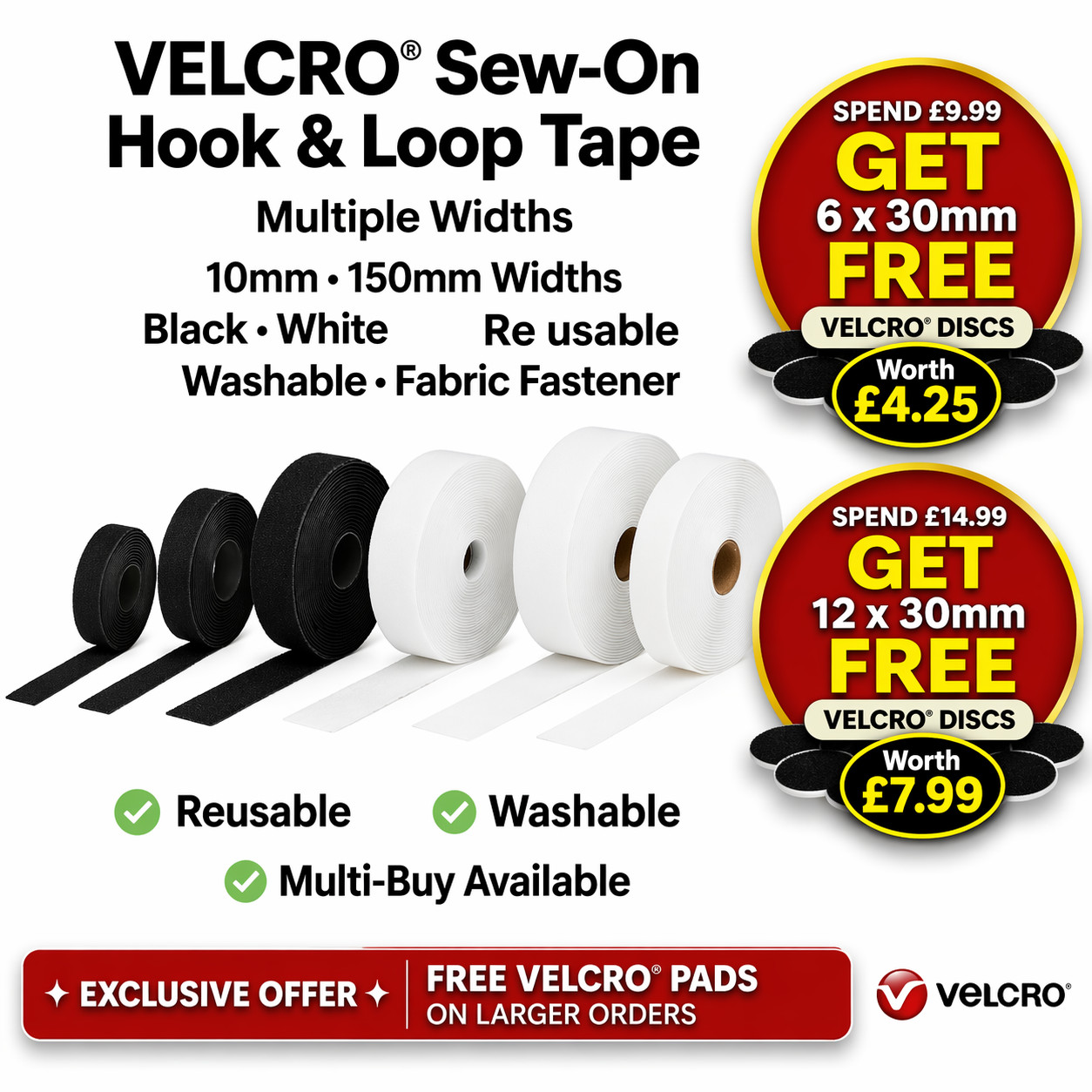 VELCRO® Sew On Tape Hook & Loop Fabric Fastener Strong Black or White 10mm–150mm gallery