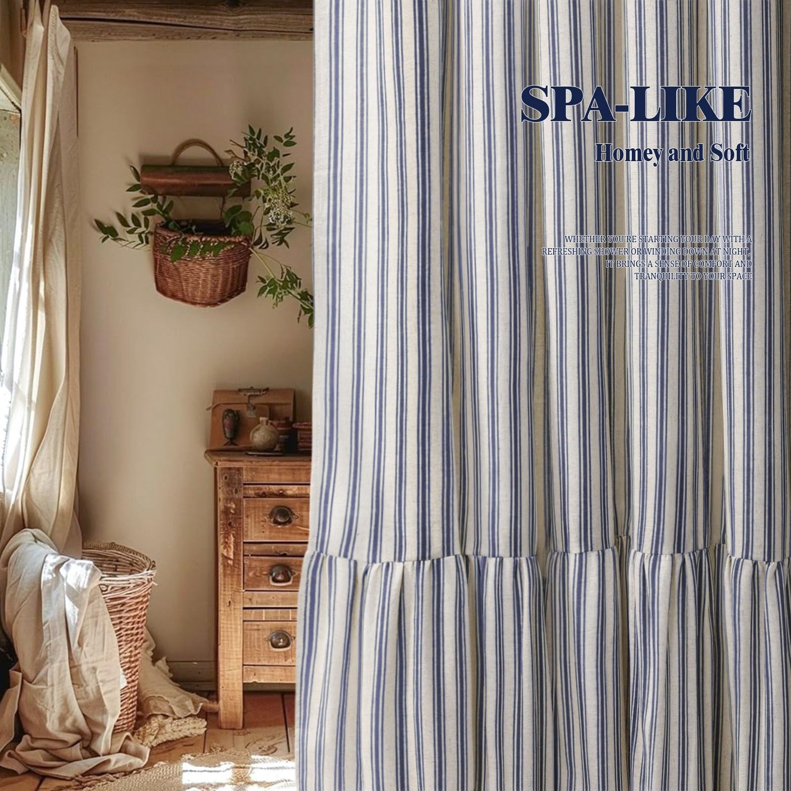 Farmhouse Shower Curtain Ruffle Hem Linen Cream Blue Stripe Fabric 72x72 inch gallery