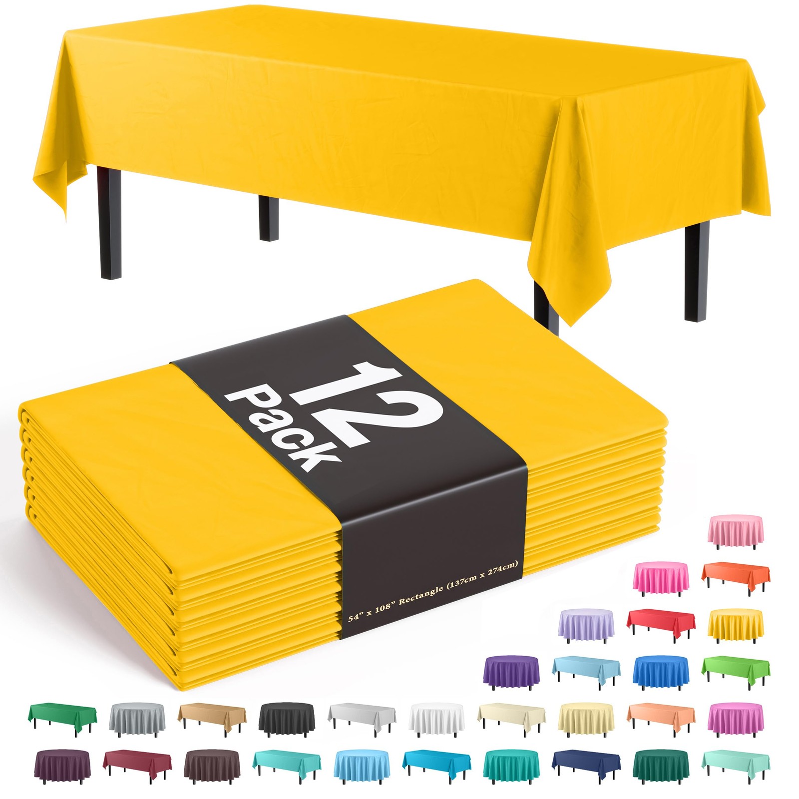 Exquisite 12-Pack Premium Plastic Tablecloth 54in. X 108in. Rectangle, Yellow gallery