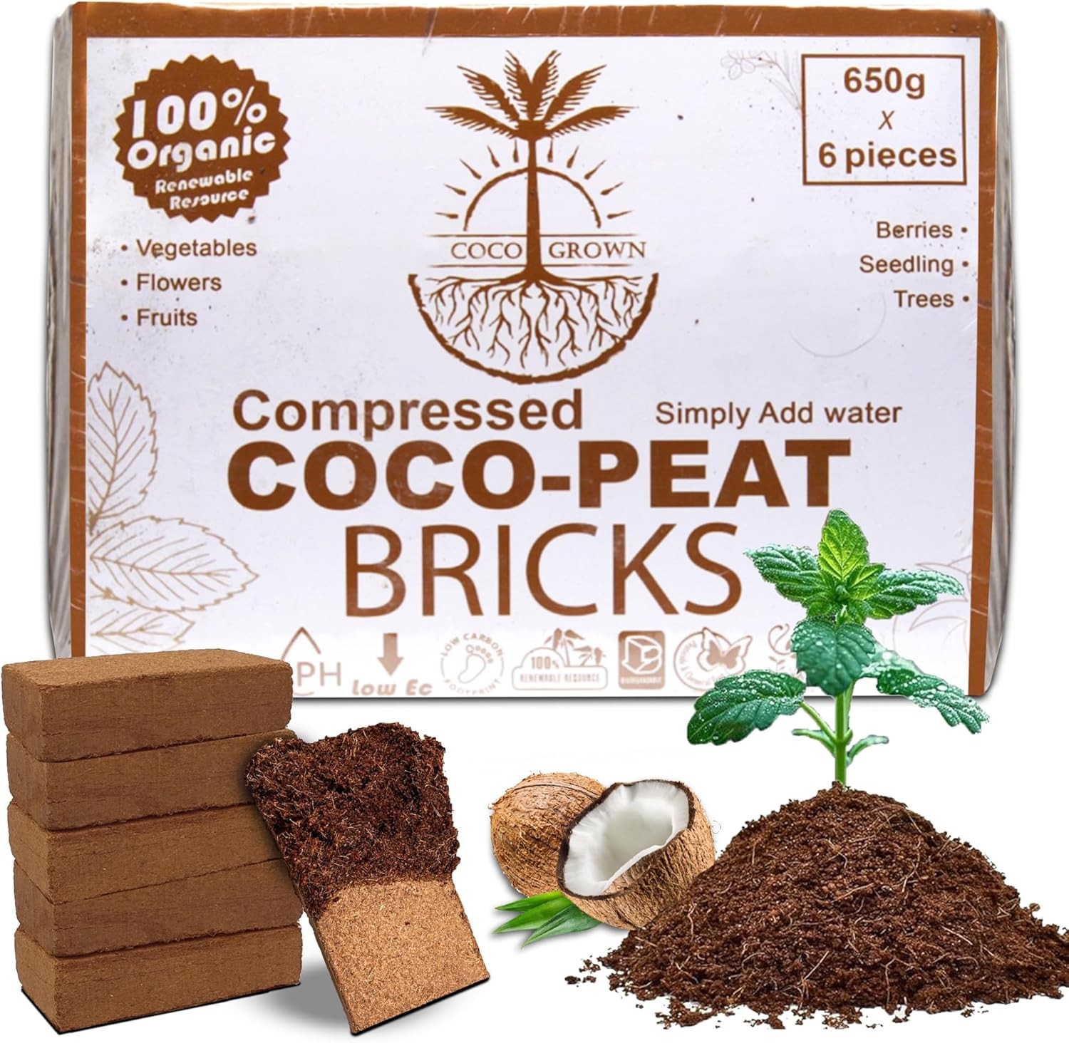Compressed Coco Coir Bricks – 100% Organic, 650g x 6 Bricks – Expands to 8L Each gallery