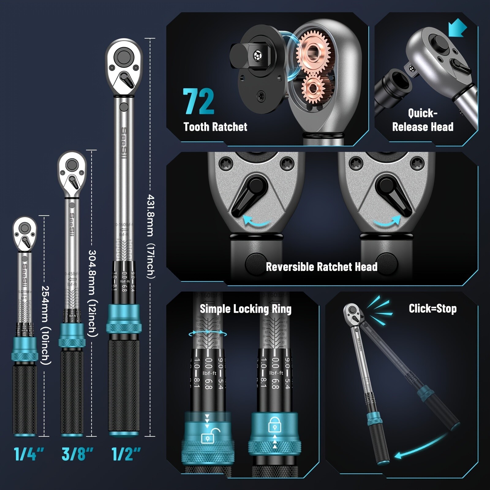 8PCS Torque Wrench Set 1/4 & 3/8 & 1/2-Inch ±3% Accuracy Click Torque Wrenches gallery