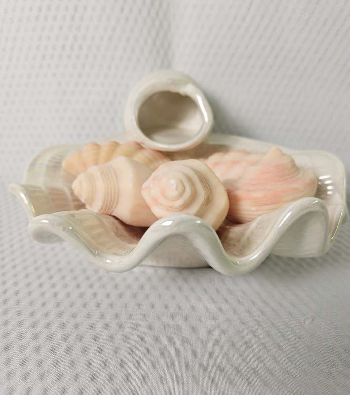 Sea Shell Iridescent Soap Dish EUC With Set Of 4 NEW Sea Shell Soaps gallery