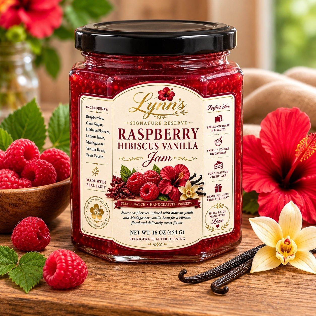 Lynn's Raspberry Hibiscus Vanilla Jam Sweet Preserve 16 oz (454 g) Jar gallery