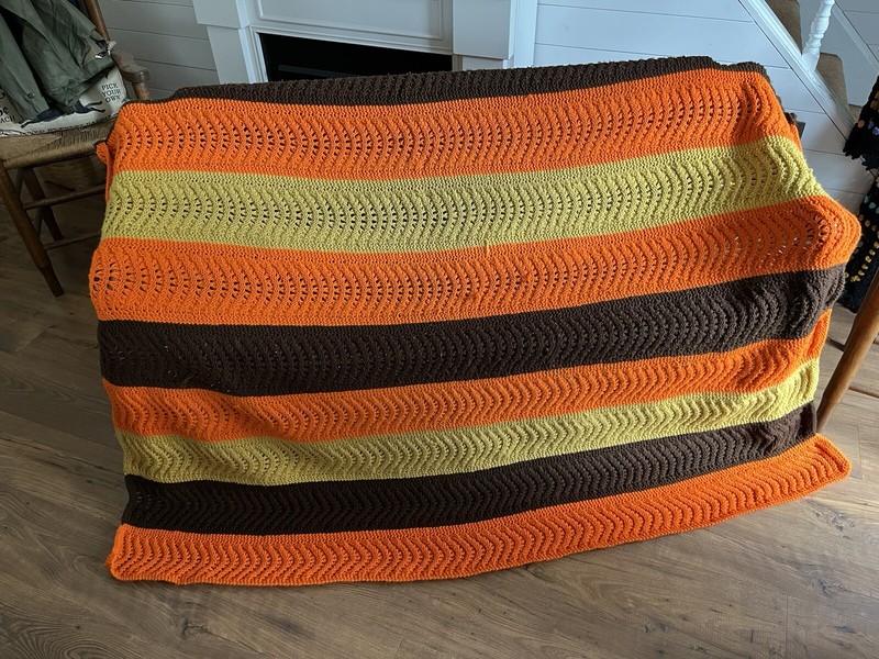 Vtg Crocheted Afghan Throw Blanket Fall Halloween Orange Yellow Brown 78x82 gallery