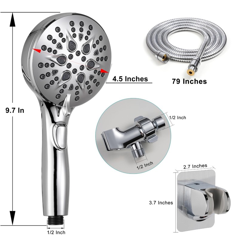 High Pressure Handheld Shower Head with 7 Settings, On/Off Switch, 79" Hose & Br gallery