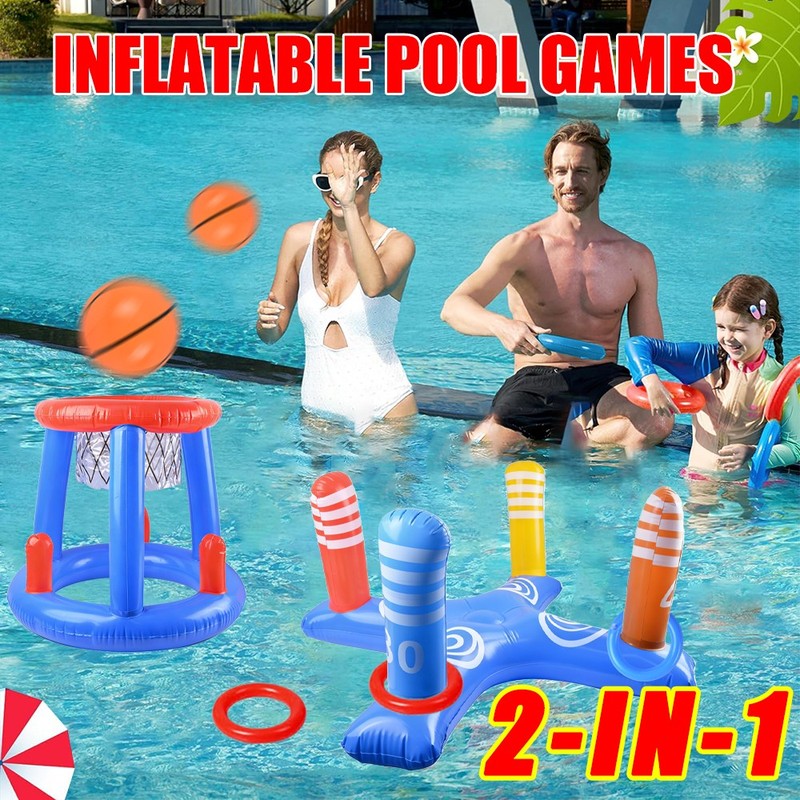 Inflatable Floating Swimming Pool Game Set Family Basketball Hoop Ring Toss Toys gallery