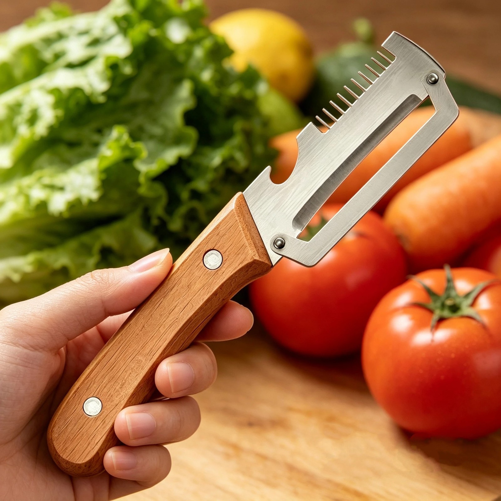 2PCS 3-in-1 Multifunction Vegetable Peeler Julienne Slicer Wooden Handle Tool gallery