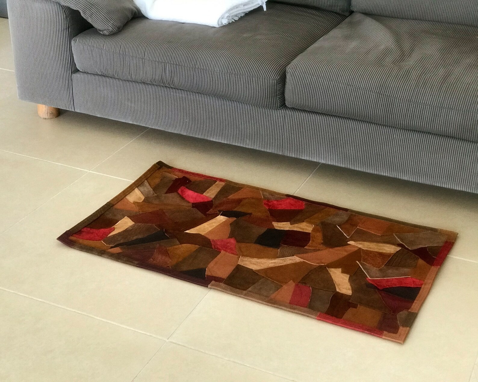 Luxury Handmade Leather Patchwork Rug Brown Red Geometric Area Rug gallery