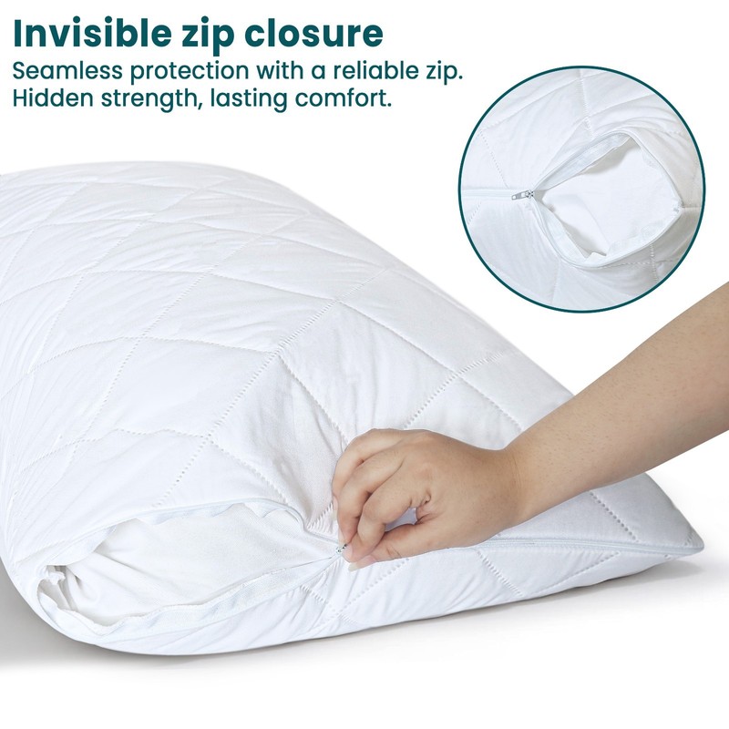 Quilted Waterproof Pillow Protector Pack of 2 Zipped Pillow Protector Cover Soft gallery